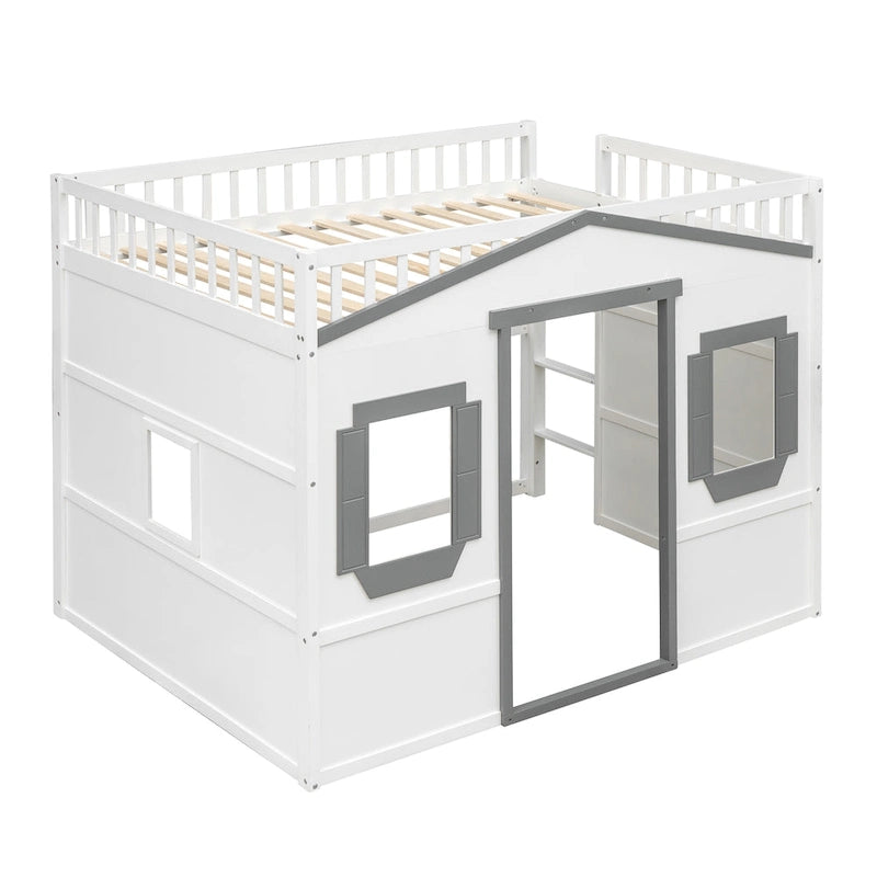 Full Size House Loft Bed With Ladder-Gray