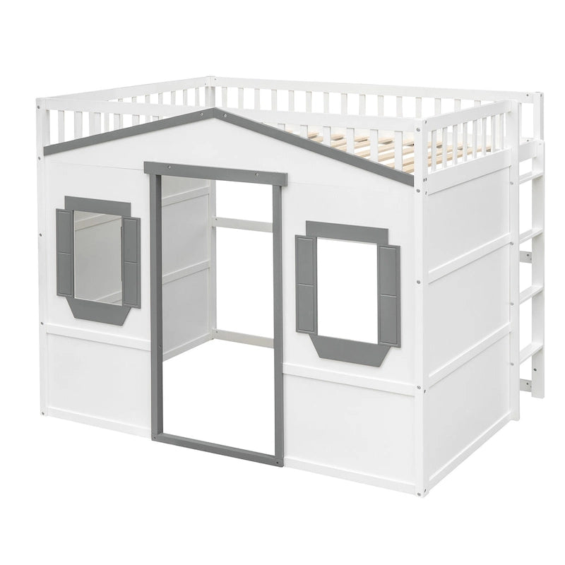 Full Size House Loft Bed With Ladder-Gray