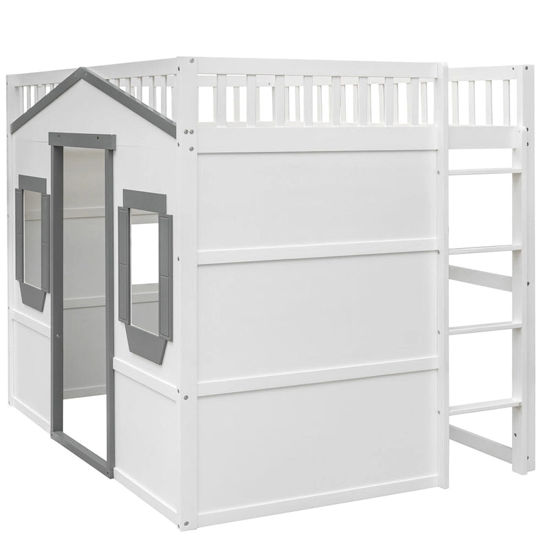 Full Size House Loft Bed With Ladder-Gray