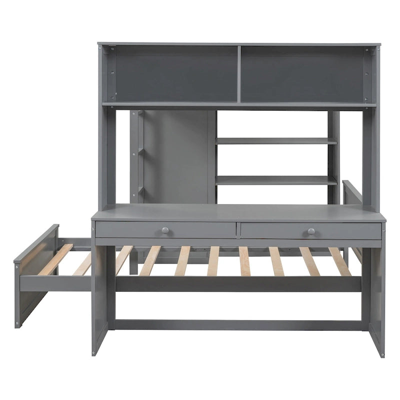Full size Loft Bed with a twin size Stand-alone bed, Shelves,Desk,and Wardrobe-Espresso