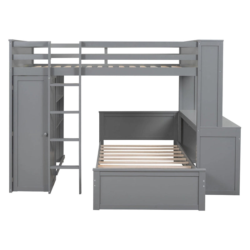 Full size Loft Bed with a twin size Stand-alone bed, Shelves,Desk,and Wardrobe-Espresso