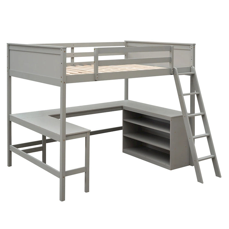 Full size Loft Bed with Shelves and Desk, Wooden Loft Bed with Desk - Espresso