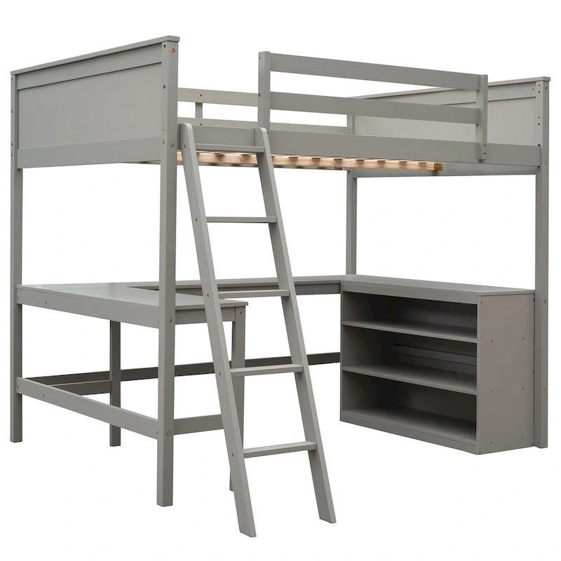 Full size Loft Bed with Shelves and Desk, Wooden Loft Bed with Desk - Espresso