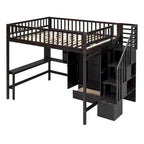 Full size Loft Bed with Bookshelf,Drawers,Desk,and Wardrobe-Espresso