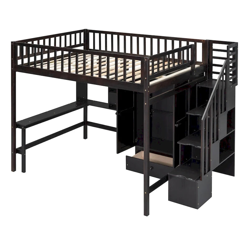 Full size Loft Bed with Bookshelf,Drawers,Desk,and Wardrobe-Espresso