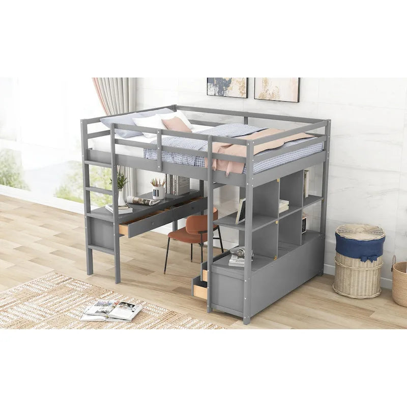 Full Size Loft Bed with Built-in Desk with Two Drawers, and Storage Shelves and Drawers,Gray