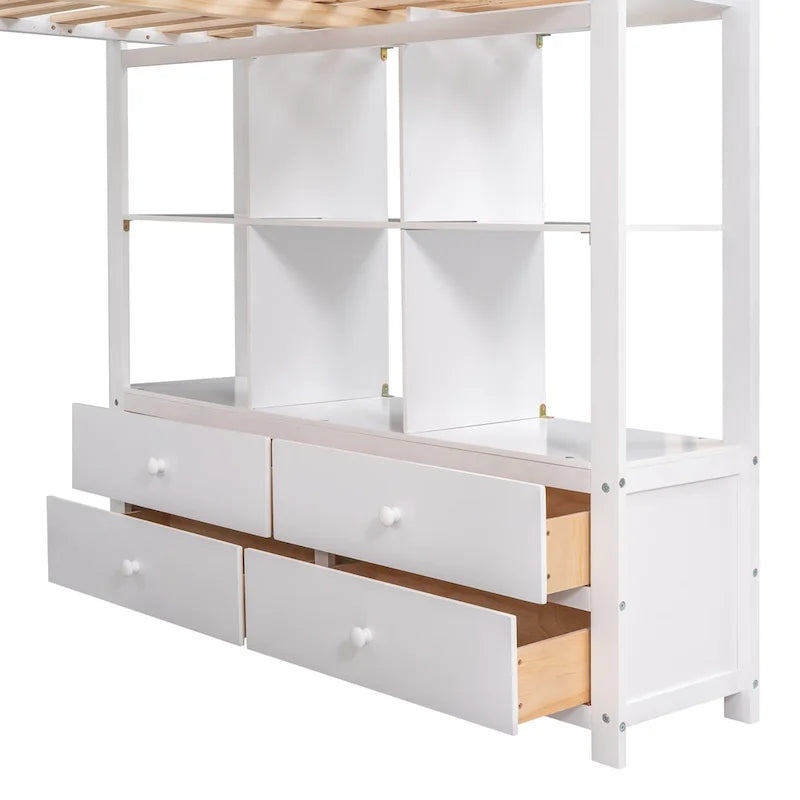 Full Size Loft Bed with Built-in Desk with Two Drawers, and Storage Shelves and Drawers,Gray