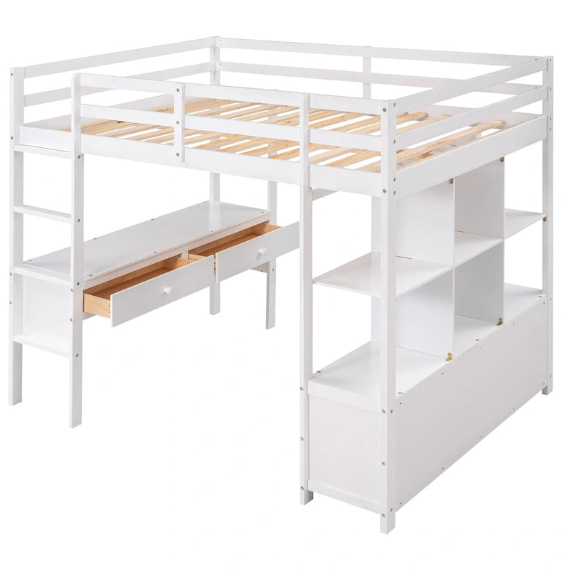 Full Size Loft Bed with Built-in Desk with Two Drawers, and Storage Shelves and Drawers,Gray
