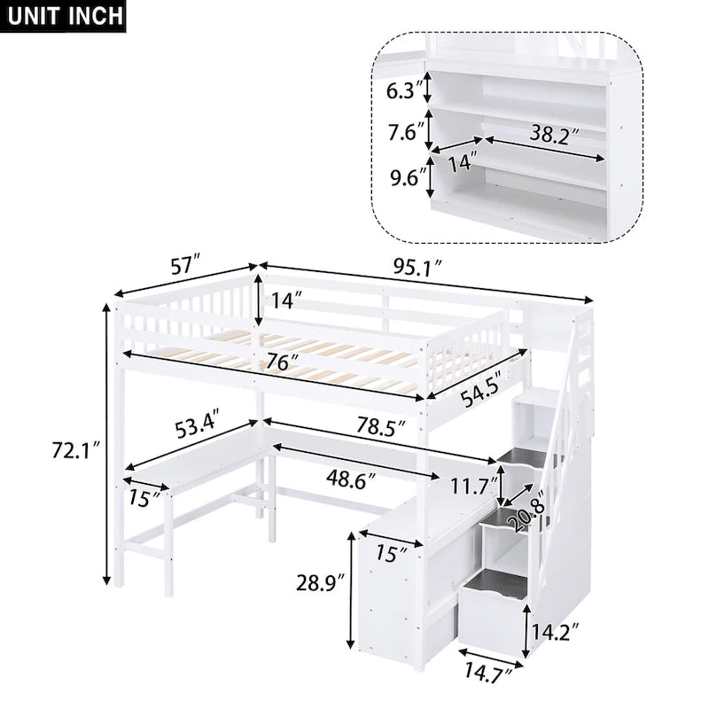 Full Size Loft Bed with Built-in L-Shaped Desk and Three-Tier Storage Shelves,and Attached Storage Staircase, White