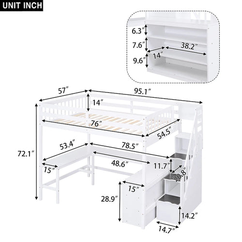 Full Size Loft Bed with Built-in L-Shaped Desk and Three-Tier Storage Shelves,and Attached Storage Staircase, White