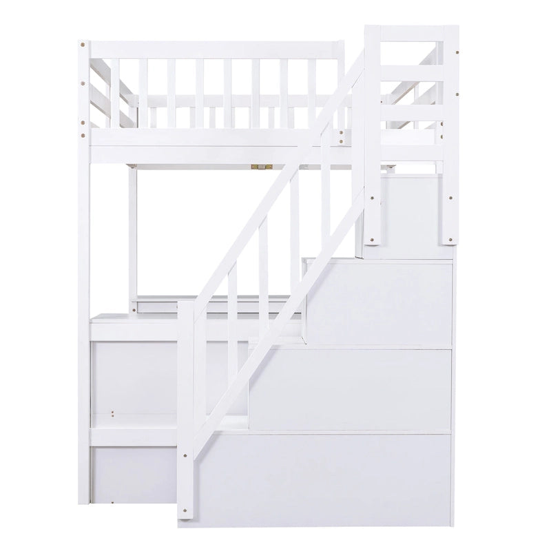 Full Size Loft Bed with Built-in L-Shaped Desk and Three-Tier Storage Shelves,and Attached Storage Staircase, White