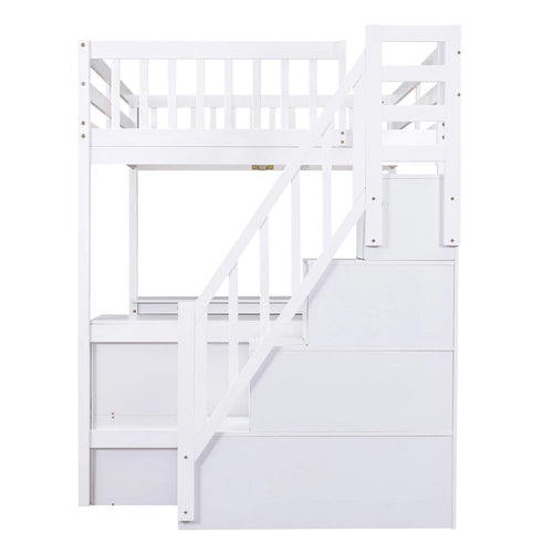 Full Size Loft Bed with Built-in L-Shaped Desk and Three-Tier Storage Shelves,and Attached Storage Staircase, White