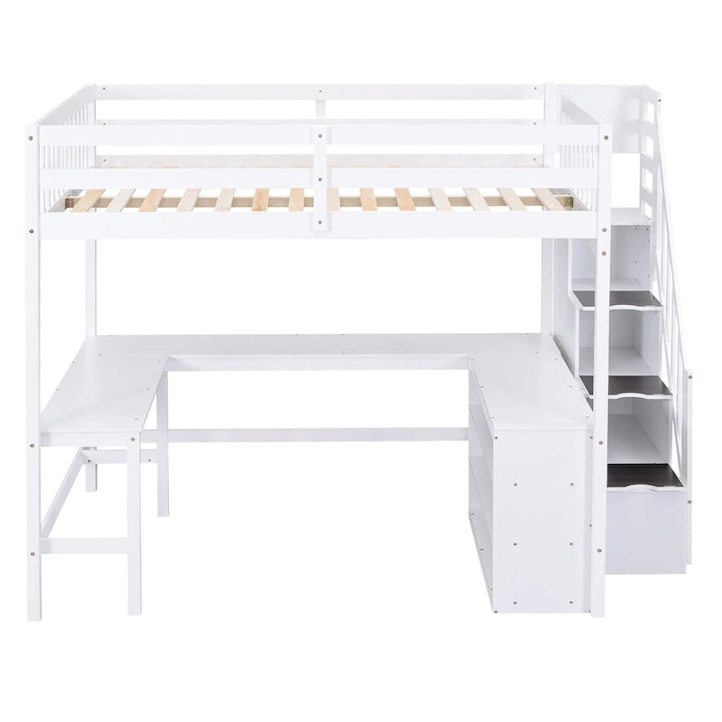 Full Size Loft Bed with Built-in L-Shaped Desk and Three-Tier Storage Shelves,and Attached Storage Staircase, White