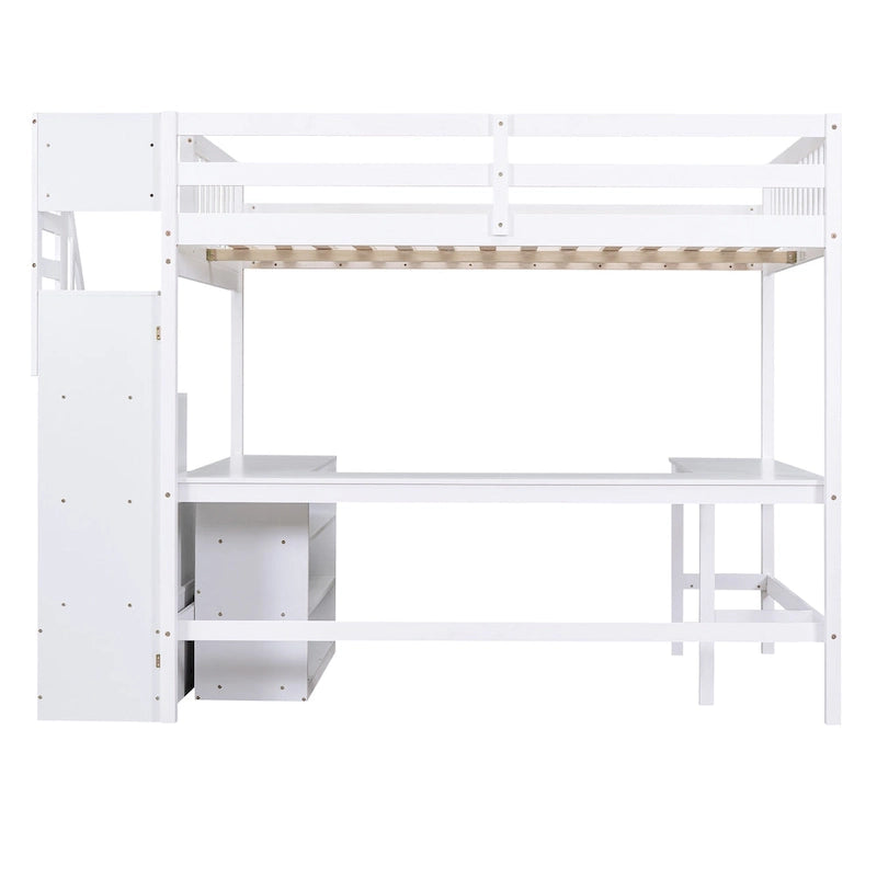 Full Size Loft Bed with Built-in L-Shaped Desk and Three-Tier Storage Shelves,and Attached Storage Staircase, White