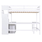 Full Size Loft Bed with Built-in L-Shaped Desk and Three-Tier Storage Shelves,and Attached Storage Staircase, White
