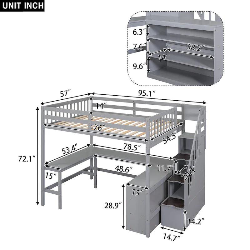Full Size Loft Bed with Built-in L-Shaped Desk and Three-Tier Storage Shelves,and Attached Storage Staircase, White