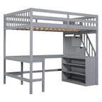 Full Size Loft Bed with Built-in L-Shaped Desk and Three-Tier Storage Shelves,and Attached Storage Staircase, White