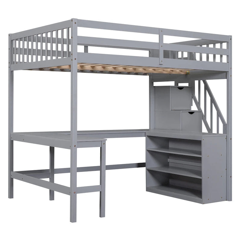 Full Size Loft Bed with Built-in L-Shaped Desk and Three-Tier Storage Shelves,and Attached Storage Staircase, White