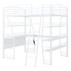 Full Size Loft Bed with 4 Layers of Shelves and L-shaped Desk, Stylish Metal Frame Bed USB Ports and Wireless Charging, White