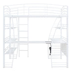 Full Size Loft Bed with 4 Layers of Shelves and L-shaped Desk, Stylish Metal Frame Bed USB Ports and Wireless Charging, White