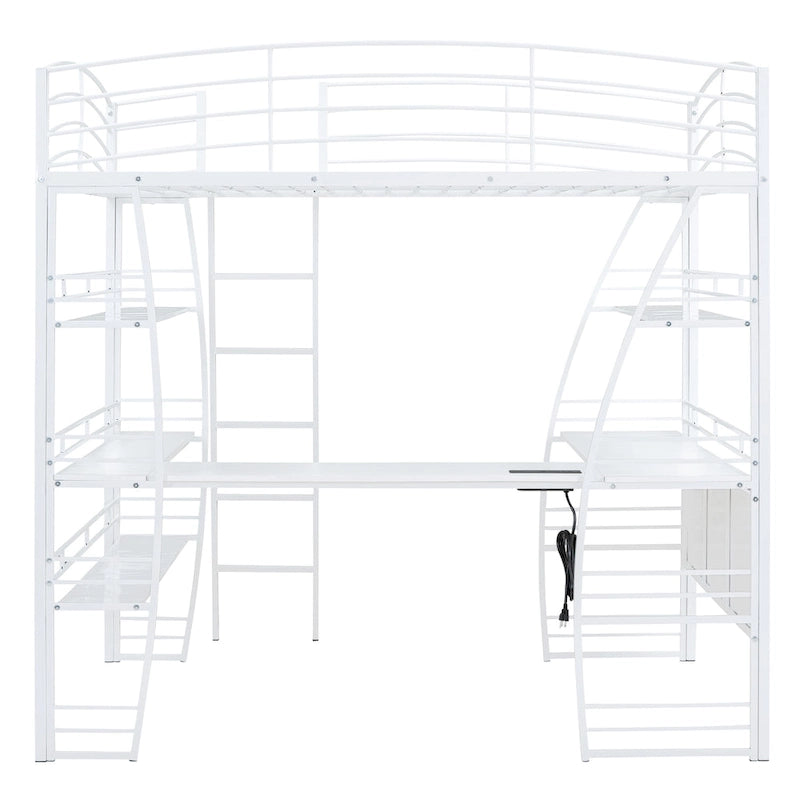 Full Size Loft Bed with 4 Layers of Shelves and L-shaped Desk, Stylish Metal Frame Bed USB Ports and Wireless Charging, White