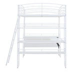 Full Size Loft Bed with 4 Layers of Shelves and L-shaped Desk, Stylish Metal Frame Bed USB Ports and Wireless Charging, White