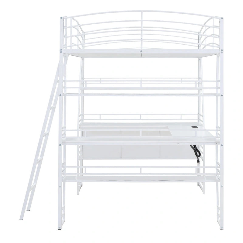 Full Size Loft Bed with 4 Layers of Shelves and L-shaped Desk, Stylish Metal Frame Bed USB Ports and Wireless Charging, White