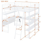 Full Size Loft Bed with 4 Layers of Shelves and L-shaped Desk, Stylish Metal Frame Bed USB Ports and Wireless Charging, White
