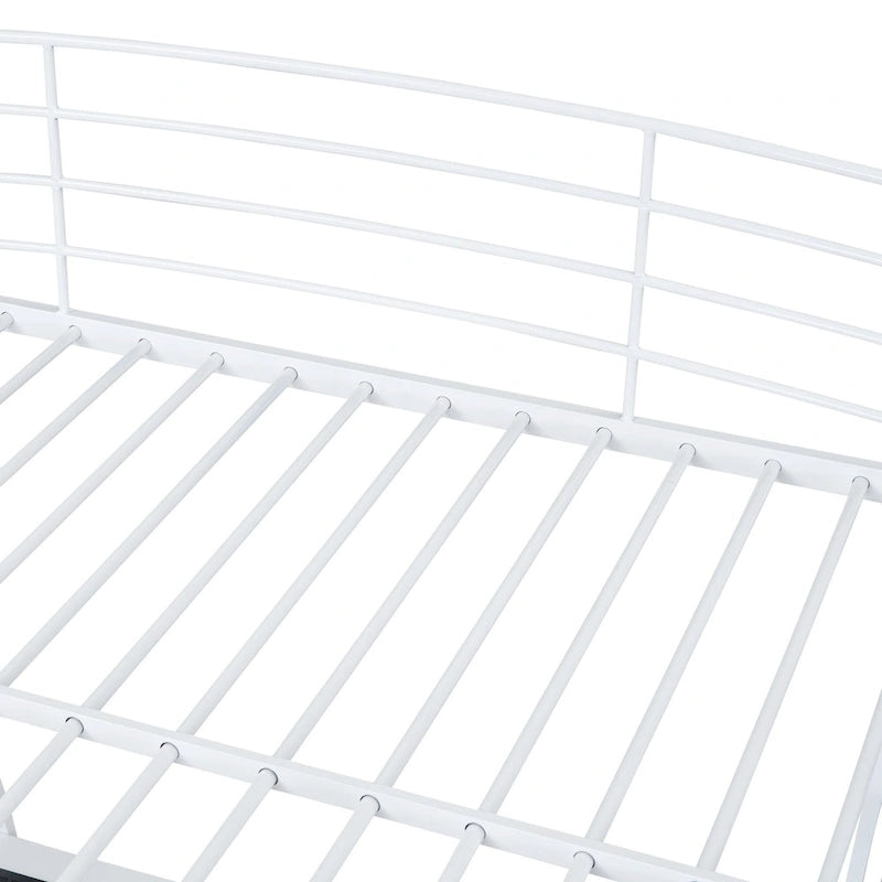 Full Size Loft Bed with 4 Layers of Shelves and L-shaped Desk, Stylish Metal Frame Bed USB Ports and Wireless Charging, White
