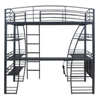 Full Size Loft Bed with 4 Layers of Shelves and L-shaped Desk, Stylish Metal Frame Bed USB Ports and Wireless Charging, White