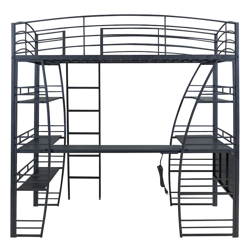 Full Size Loft Bed with 4 Layers of Shelves and L-shaped Desk, Stylish Metal Frame Bed USB Ports and Wireless Charging, White