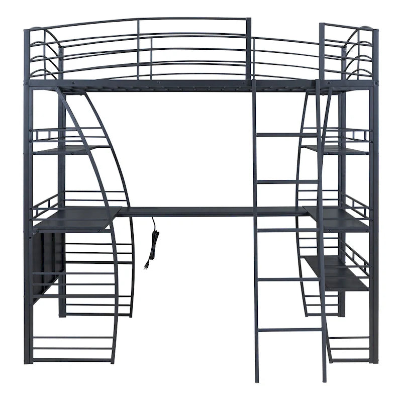 Full Size Loft Bed with 4 Layers of Shelves and L-shaped Desk, Stylish Metal Frame Bed USB Ports and Wireless Charging, White