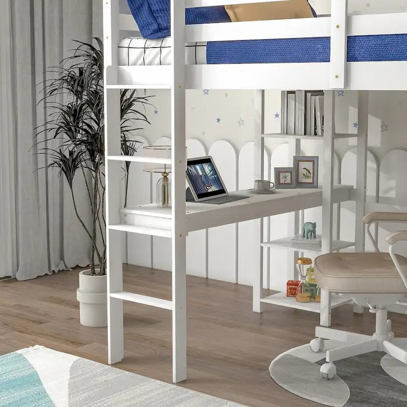 Full Loft Bed with Desk ,Shelves and Ladder, Grey