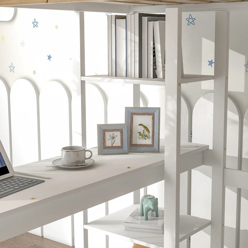 Full Loft Bed with Desk ,Shelves and Ladder, Grey