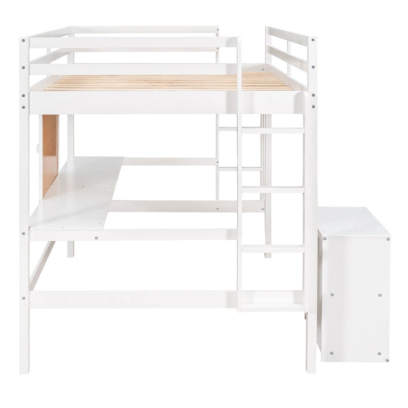 Full size Loft Bed with Desk and Writing Board, Wooden Loft Bed with Desk & 2 Drawers Cabinet- Espresso