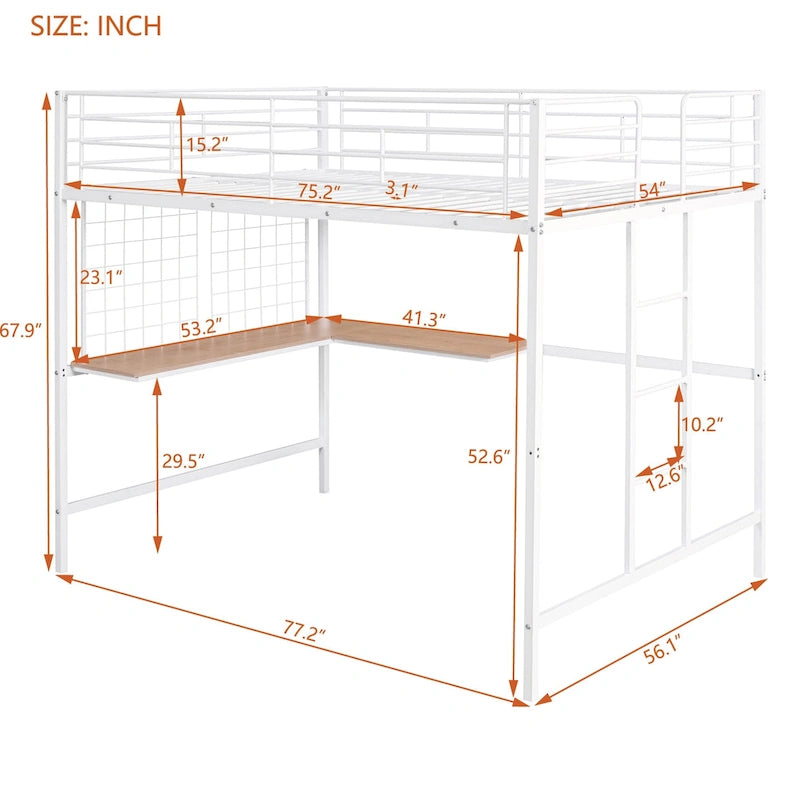 Full Metal Loft Bed with Desk and Metal Grid, Black