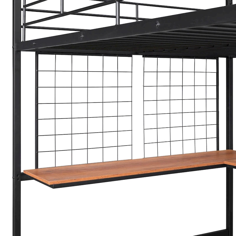 Full Metal Loft Bed with Desk and Metal Grid, Black