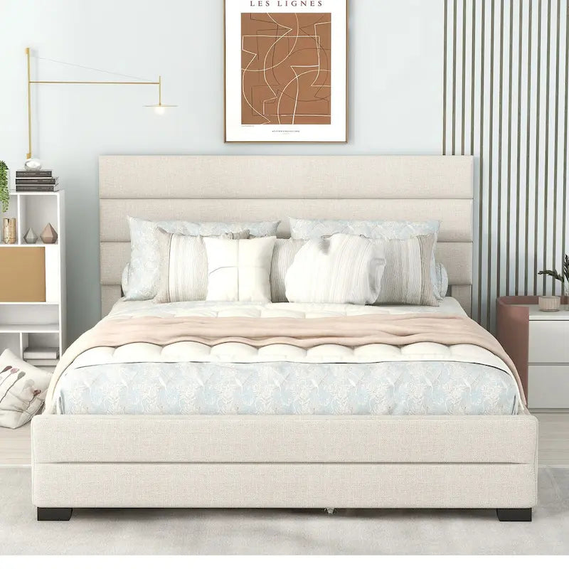 Upholstered Platform Bed with Trundle and Two Drawers