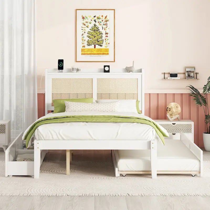 Full Size Bed Frame with Rattan Headboard