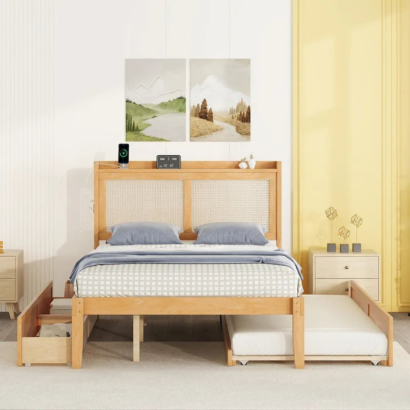 Full Size Bed Frame with Rattan Headboard