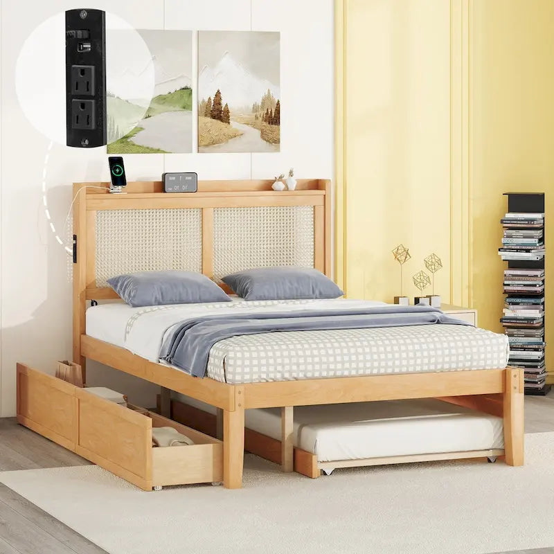 Full Size Bed Frame with Rattan Headboard