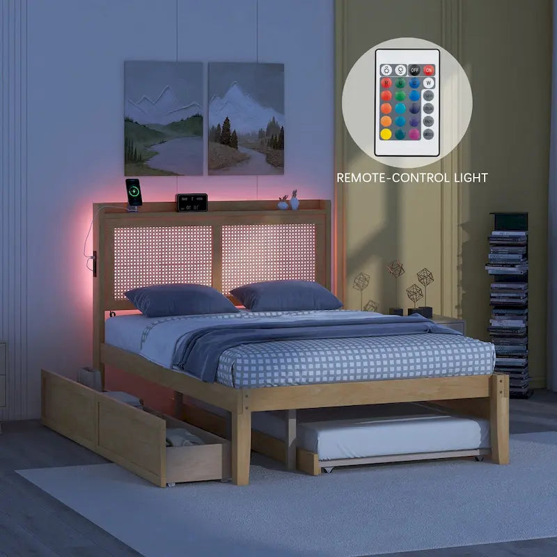 Full Size Bed Frame with Rattan Headboard