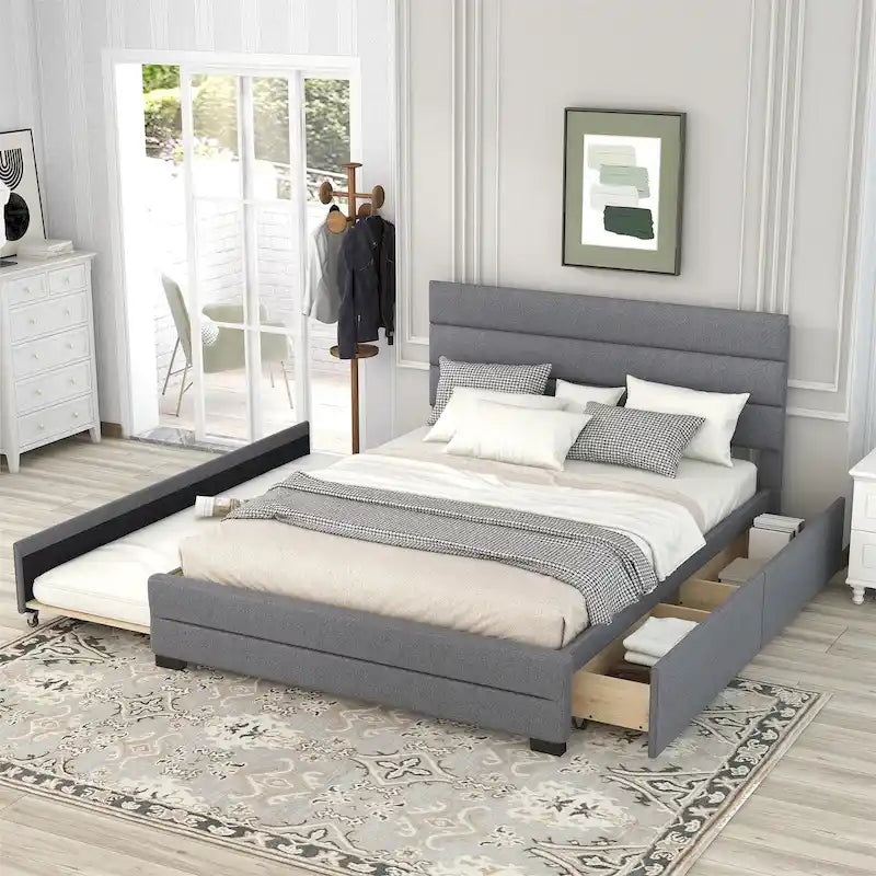 Beige Queen Upholstered Platform Bed, Trundle, Storage Drawers, Modern Design, Sturdy Frame
