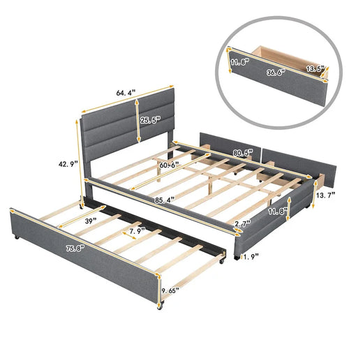 Beige Queen Upholstered Platform Bed, Trundle, Storage Drawers, Modern Design, Sturdy Frame