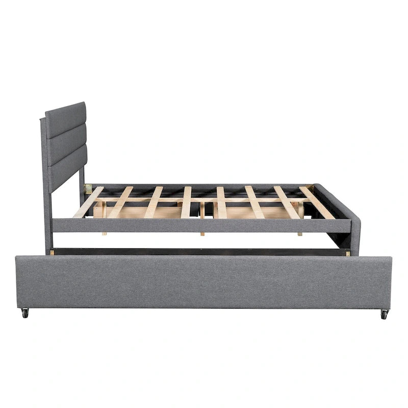 Beige Queen Upholstered Platform Bed, Trundle, Storage Drawers, Modern Design, Sturdy Frame