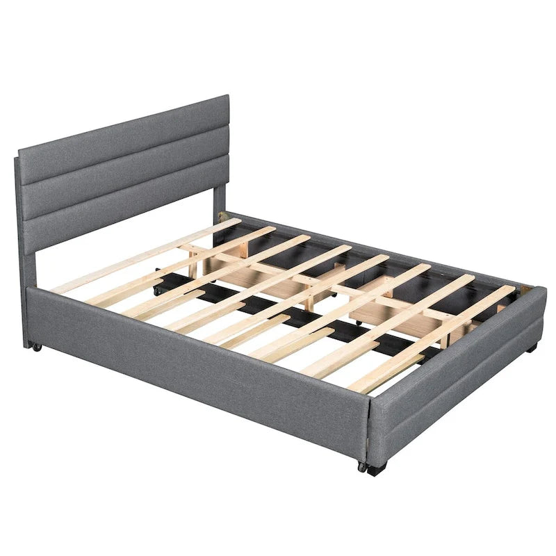 Beige Queen Upholstered Platform Bed, Trundle, Storage Drawers, Modern Design, Sturdy Frame