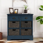 Rustic Storage Cabinet with Two Drawers and Four Classic Rattan Basket - 28L x 11.8W x 28H