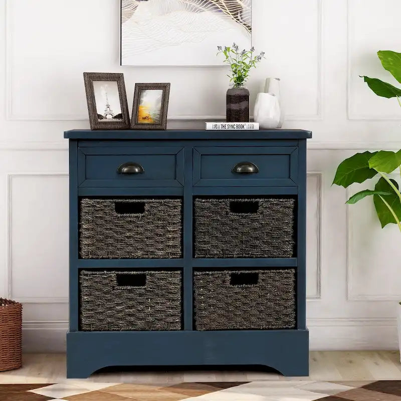 Rustic Storage Cabinet with Two Drawers and Four Classic Rattan Basket - 28L x 11.8W x 28H