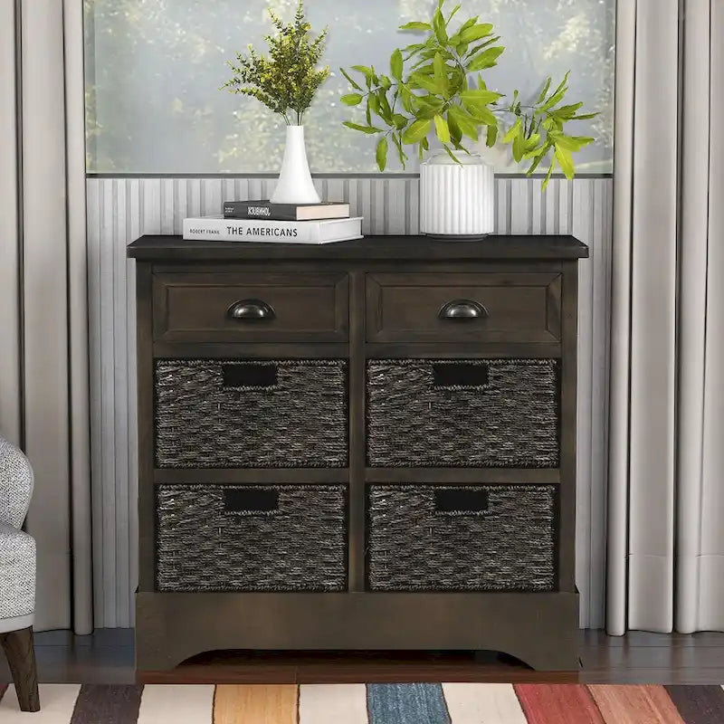 Rustic Storage Cabinet with Two Drawers and Four Classic Rattan Basket - 28L x 11.8W x 28H