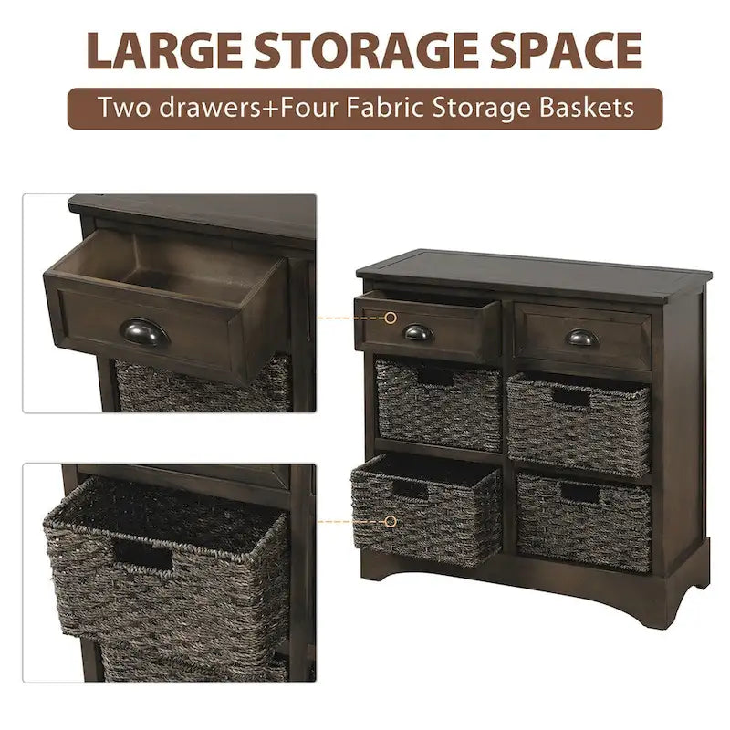 Rustic Storage Cabinet with Two Drawers and Four Classic Rattan Basket - 28L x 11.8W x 28H